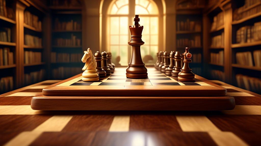 A beautifully detailed illustration showing a split-view of a classic wooden chess board on one side and a checkers board on the other, with pieces accurately placed as in a mid-game scenario. The bac