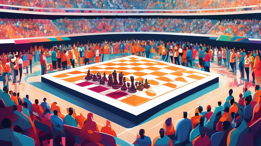 Digital artwork of a grand chessboard set up in the middle of the Olympic stadium, surrounded by athletes from various sports watching intently