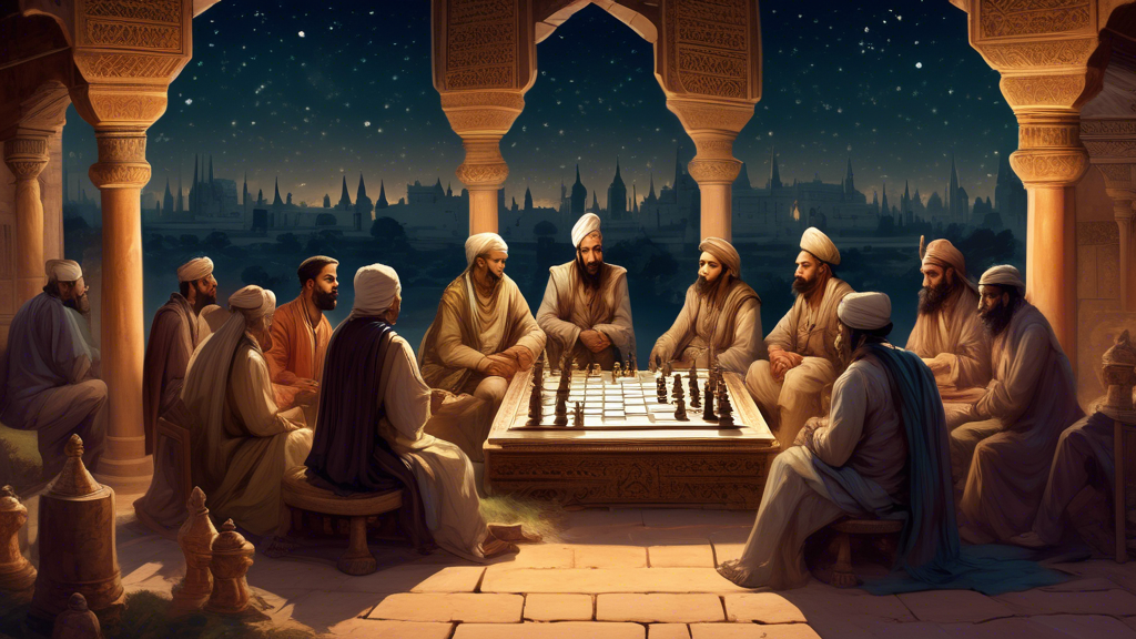 An imaginative ancient gathering under a starry sky, with people of various ethnicities seated around a large, ornate wooden chessboard, engaging in a game, while scholars nearby scroll through old ma