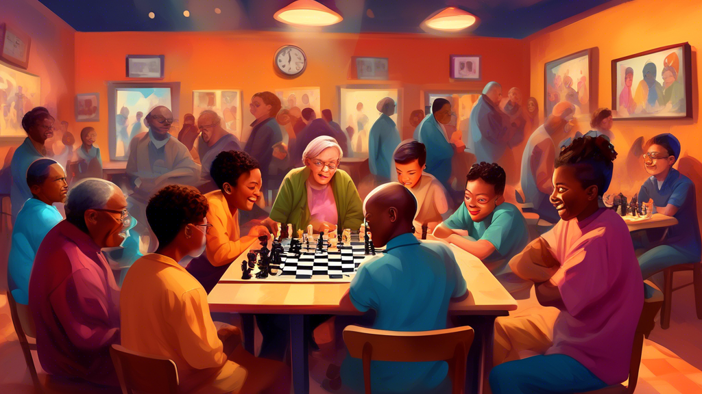 Vibrant digital painting of diverse people of various ages and backgrounds gathered at a cozy chess club in Springfield, IL, engaging enthusiastically in chess games, with chess boards and chess clock