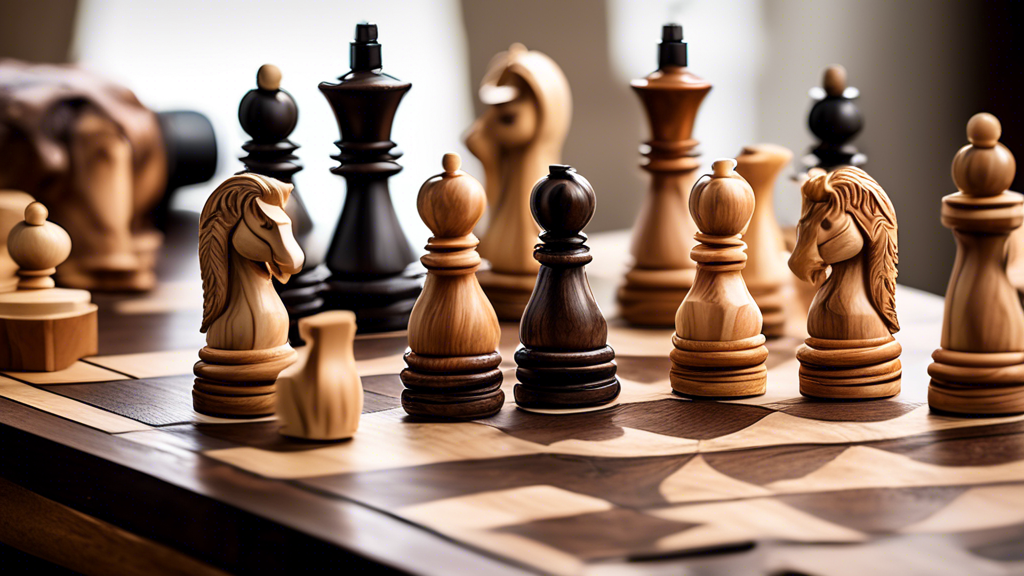 An artisanal workshop in the UK with skilled craftsmen meticulously hand-carving detailed chess pieces from fine wood, surrounded by elegant chess boards and traditional tools, reflecting the heritage