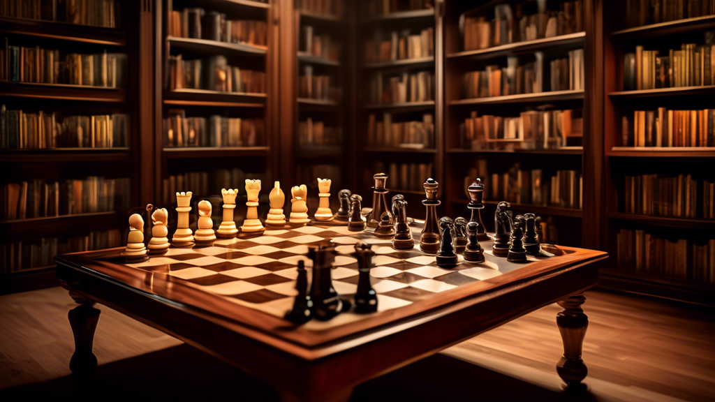 An elegant wooden table featuring a variety of chess sets made from different materials like glass, wood, metal, and marble, each under soft, warm lighting. The background shows a cozy library with bo