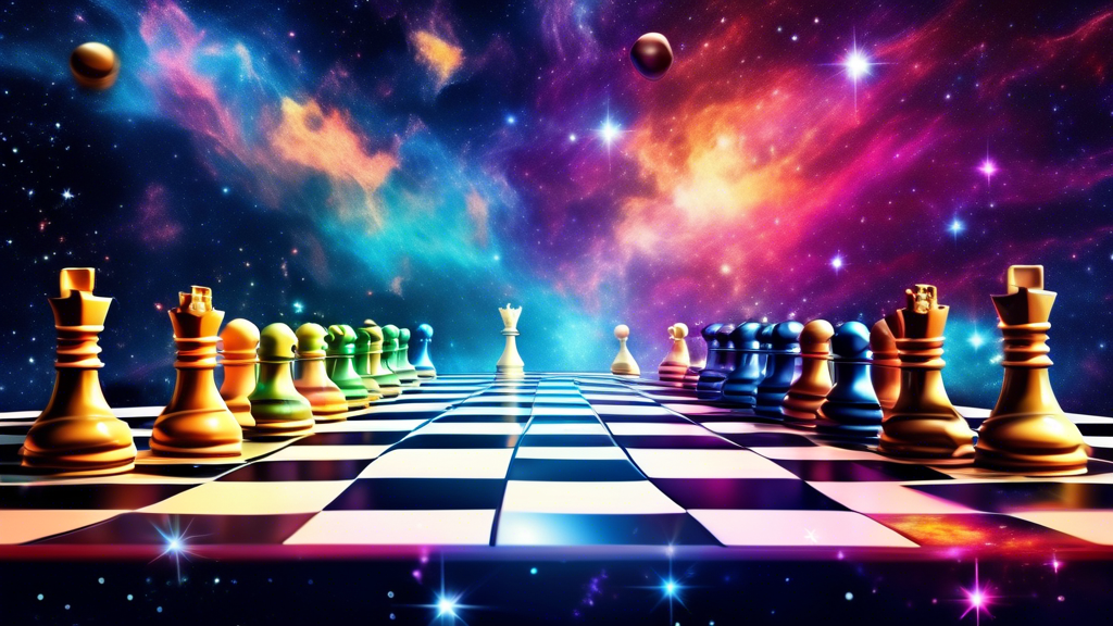 Detailed illustration of a futuristic chess board with chess pieces affected by various gravitational forces, depicted in a cosmic space setting with colorful nebulas and stars as a background.