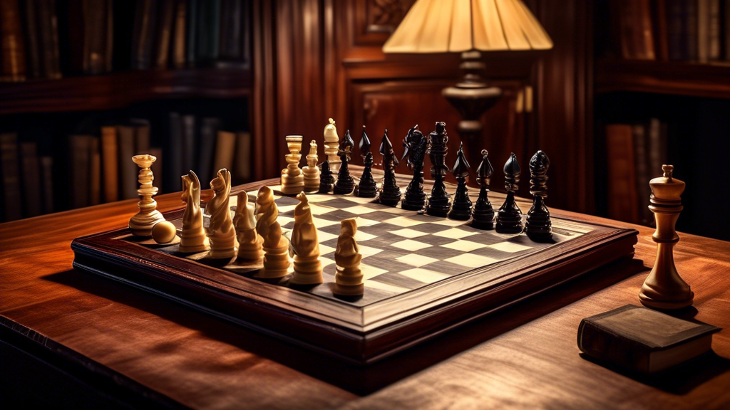 An elegant antique wooden chessboard with intricately carved chess pieces made of ebony and ivory, displayed on a mahogany table with a price tag, surrounded by vintage books about chess in a dimly li