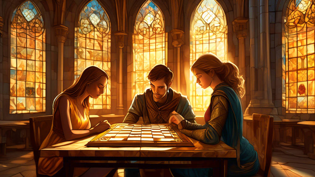 A digital illustration of a young man and a young woman sitting at a large wooden chess table in an ancient library, deeply focused and studying a large, open book titled 'Mastering Chess' as golden s