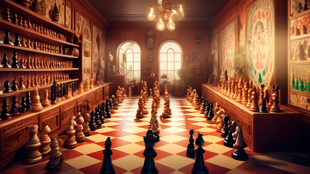 An elegant vintage room with shelves displaying an extensive collection of various chess sets from different eras and cultures, featuring intricate designs and unique materials, with soft light castin