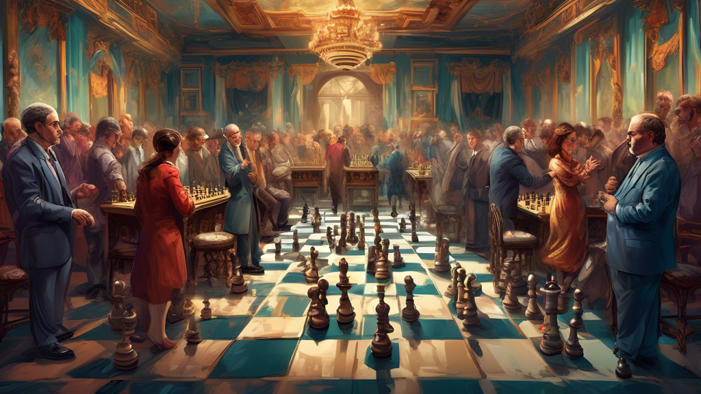 A dramatic digital artwork depicting a tense scene at a grand chess tournament, where a chess player is being discreetly yet clearly caught using illegal AI assistance, surrounded by shocked spectator