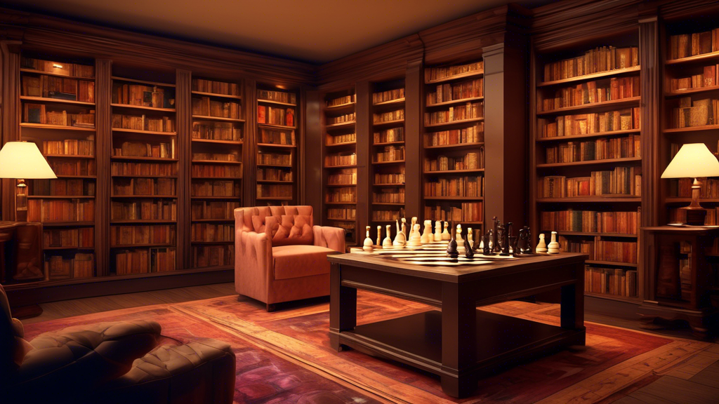 An elegant and sophisticated scene showing a variety of chess set boxes and boards, each with unique designs and materials, displayed in a cozy library room with classical architecture, under soft, wa