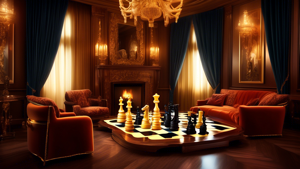 An intricate display of luxurious, handcrafted chess sets made of gold and rare woods, showcased in an opulent room with velvet drapes and a grand fireplace, under soft, warm lighting.