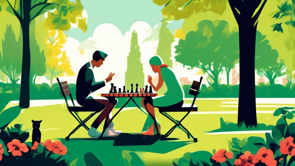 An idyllic picnic scene in a lush green park with a couple playing chess, using a sleek, modern travel chess set on a small portable table, with backpacks and a bicycle resting nearby.