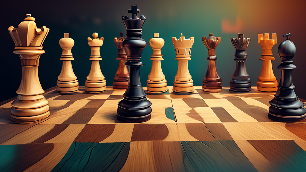 An intricate digital artwork showing a giant chessboard transitioning from traditional carved wooden pieces on one end to modern, sleek, digital representations on the other, symbolizing the shift fro