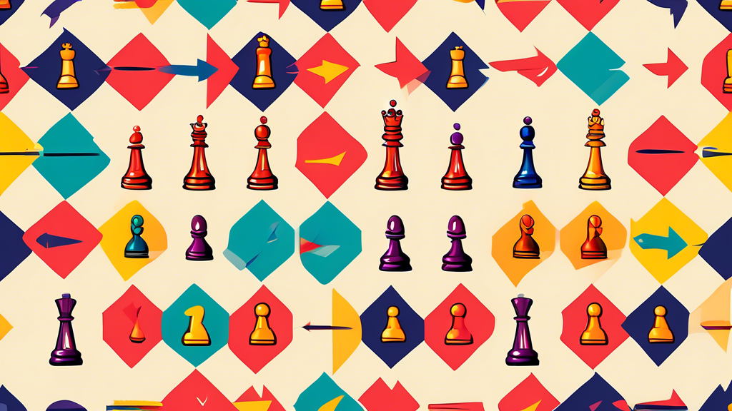 An illustrated guide showing various chess pieces on a classic wooden board, with arrows demonstrating their possible movements in a vibrant, colorful style.