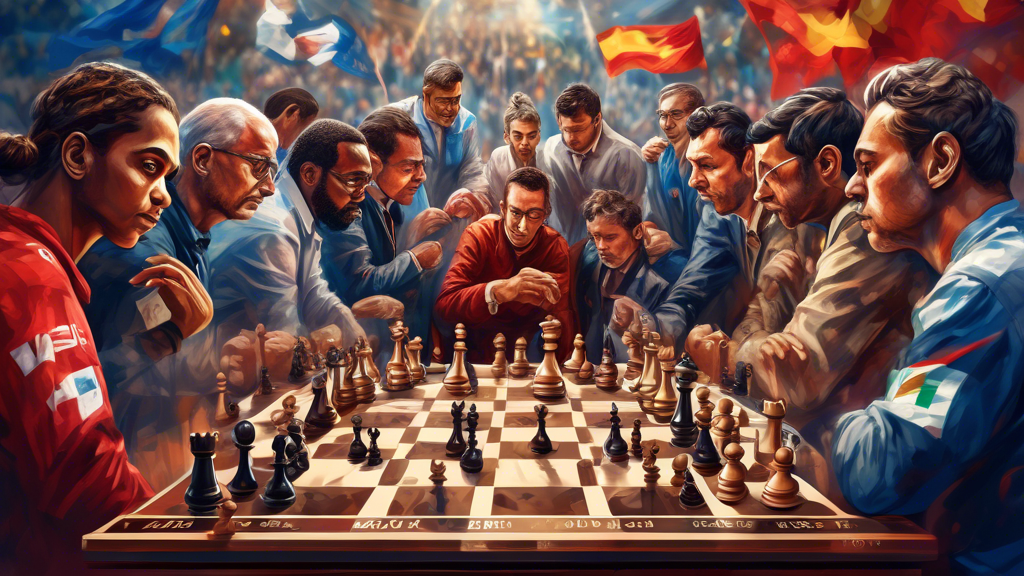 Create a digital artwork depicting the intense final match of the Chess World Cup 2023 with a diverse group of key players gathered around a large, elaborate chessboard in a grand hall, showing a blen