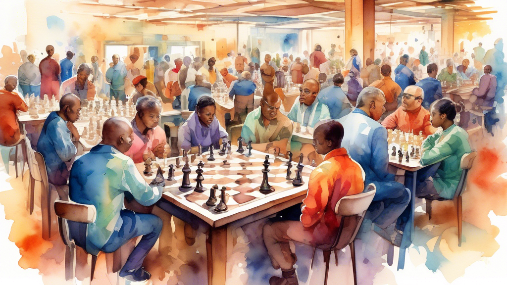 An intricate watercolor illustration depicting a large, bustling chess tournament hall, with players of diverse ages and ethnicities deeply focused on their games, chess clocks ticking down, and spect