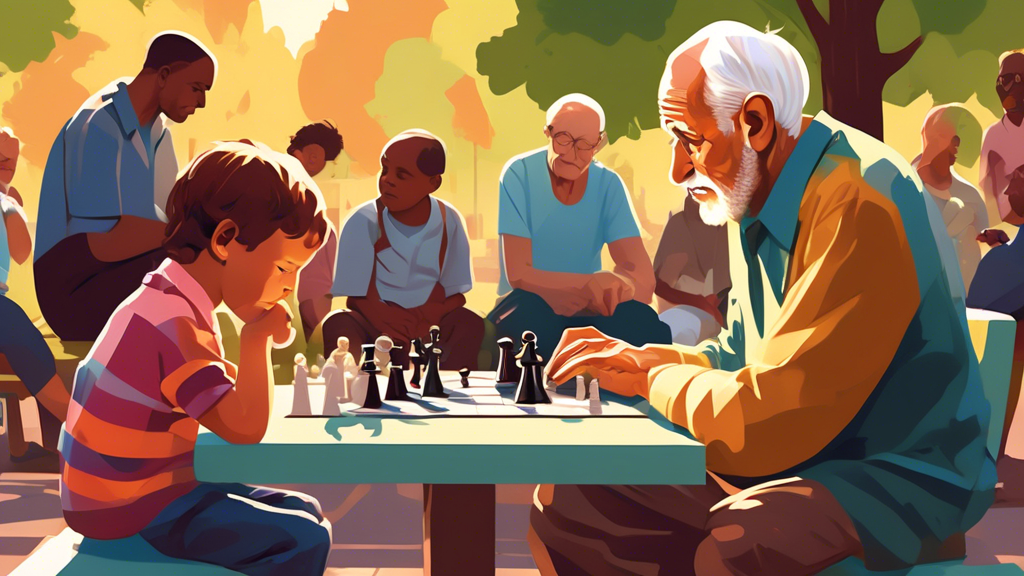 A thoughtful elderly man playing chess with a young child in a sunlit park, surrounded by a variety of people of different ages and backgrounds, all watching intently or engaged in their own games, sy