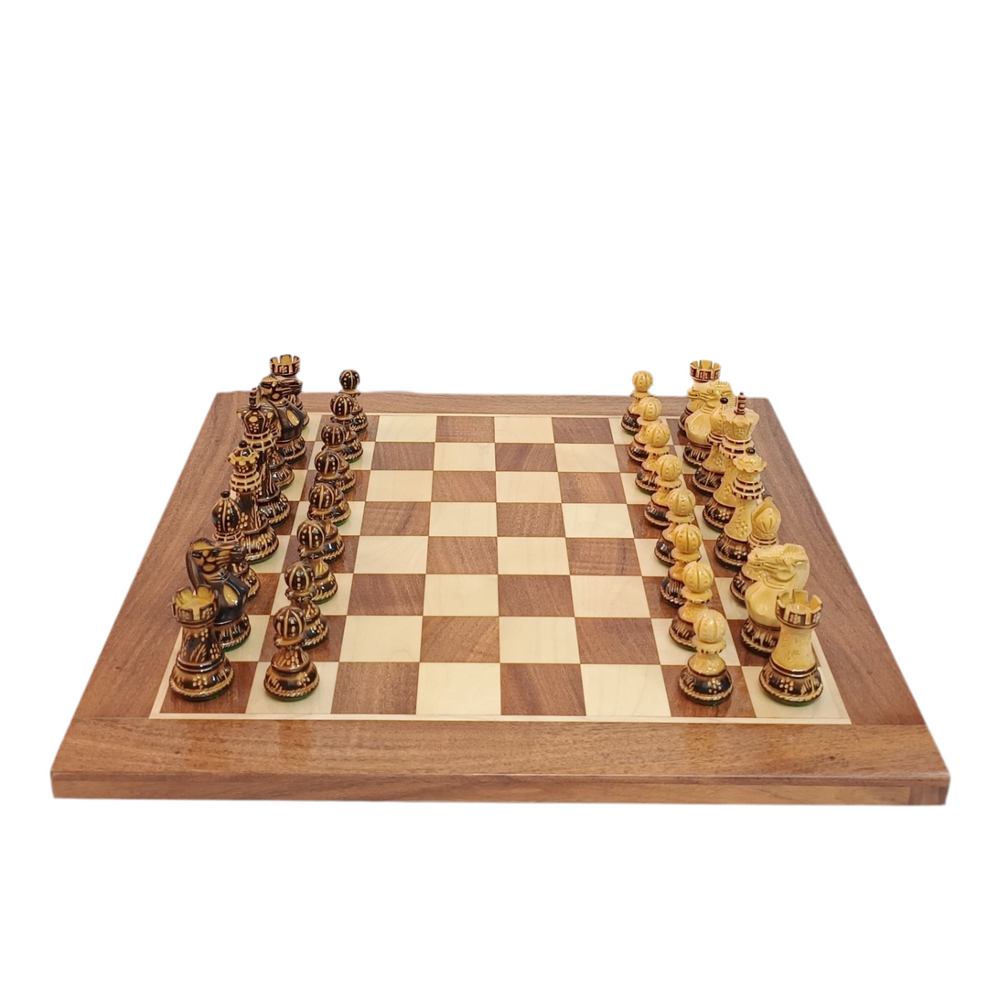 Burnt Staunton professional wooden chess set with intricate hand-carved pieces on a wooden board, ready for play.