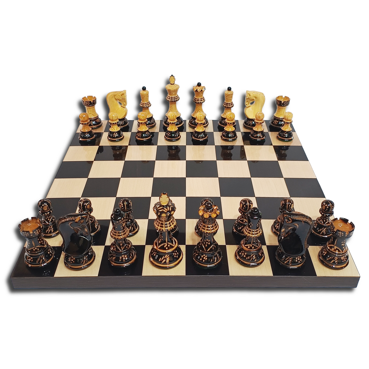 Russian Zagreb Burnt Hand-Carved Chess Set (3.9″ King) with 16″ Ebony & Maple Luxury Board – 50mm Squares My Chess Sets