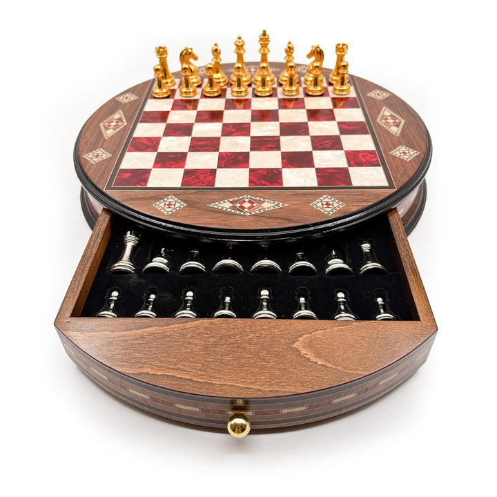 Luxury Round Rosewood & Walnut Chess Set With Metal Pieces My Chess Sets
