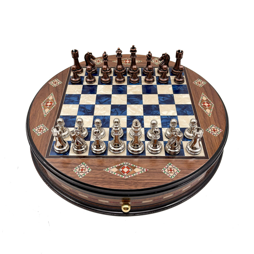 Luxury Round Rosewood & Walnut Chess Set With Metal Pieces My Chess Sets