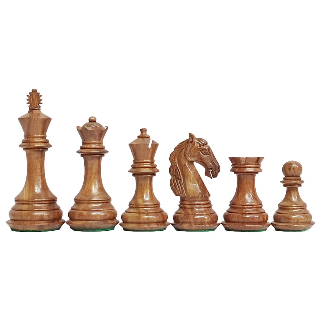 Set of Colombian Staunton chess pieces in boxwood, featuring king, queen, bishop, knight, rook, and pawn.
