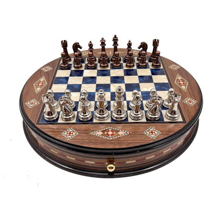 Luxury Round Rosewood & Walnut Chess Set With Metal Pieces My Chess Sets