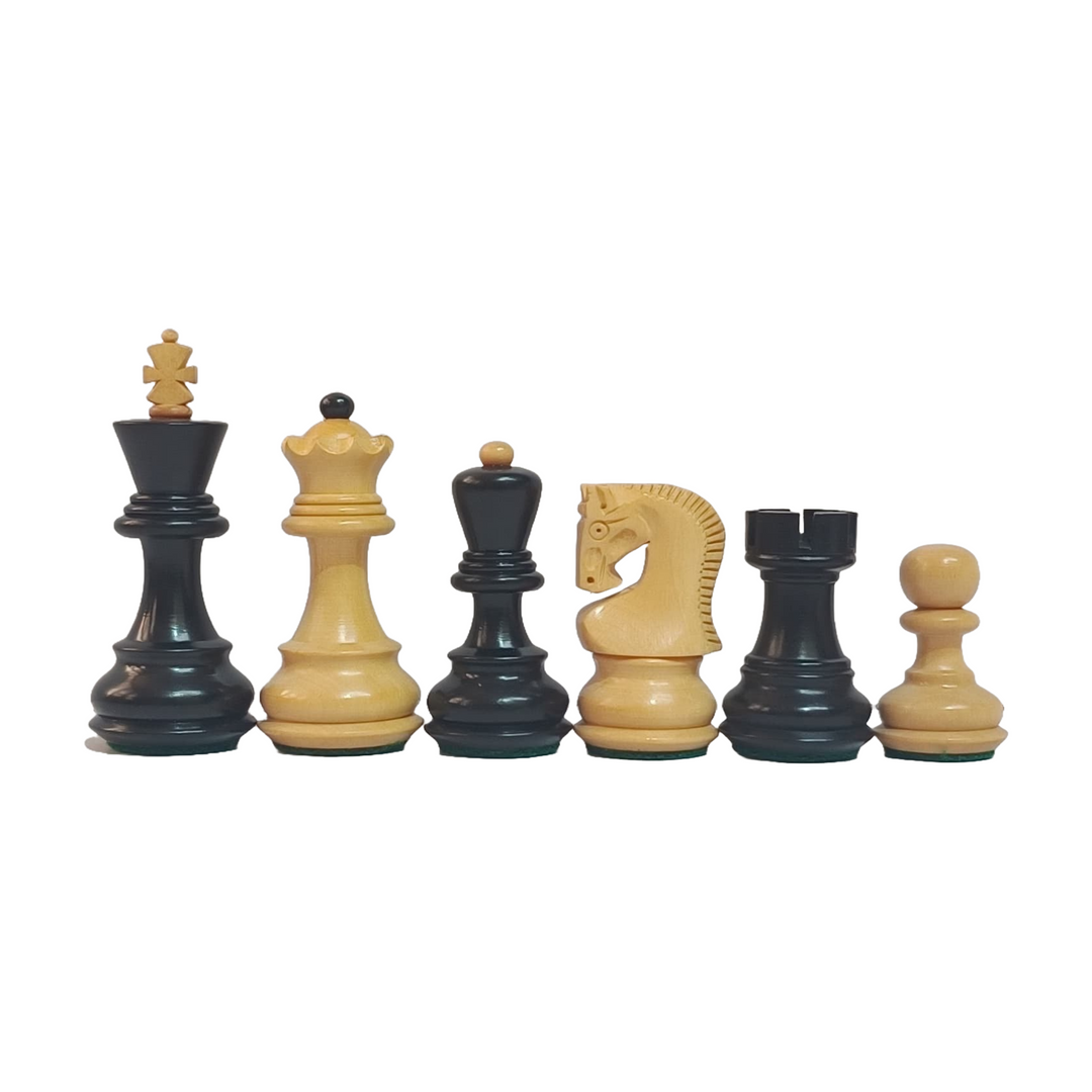 Russian Zagreb chess pieces set in ebonized wood with 3.25-inch king, showcasing unique design and craftsmanship.