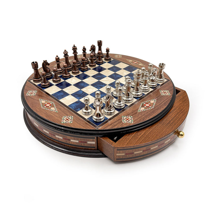 Luxury Round Rosewood & Walnut Chess Set With Metal Pieces My Chess Sets