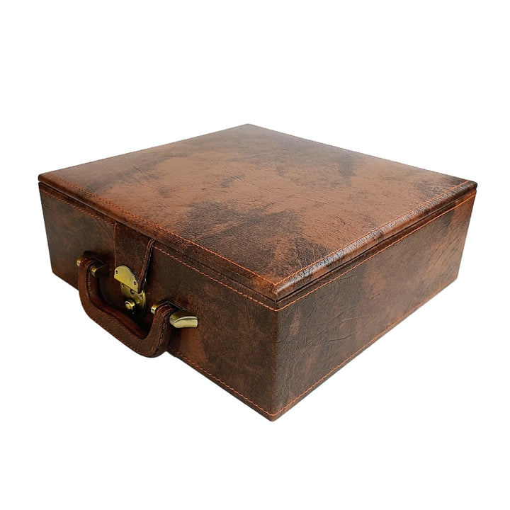 Handcrafted wooden chess box for storing Staunton chess pieces, featuring a luxurious brown leather finish.