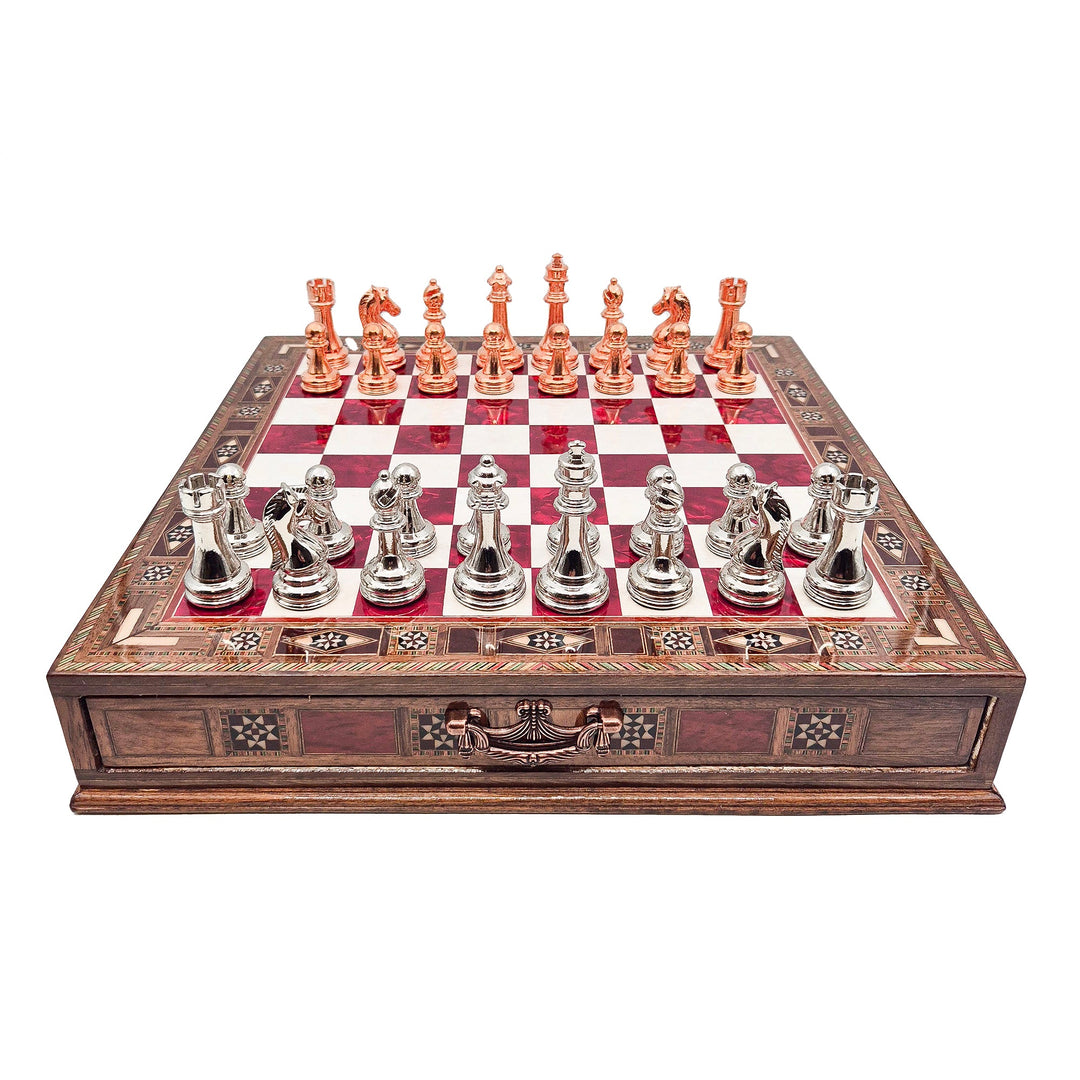 Handmade Luxury Chess Set With Storage - Bronza & Silver - Red Board My Chess Sets