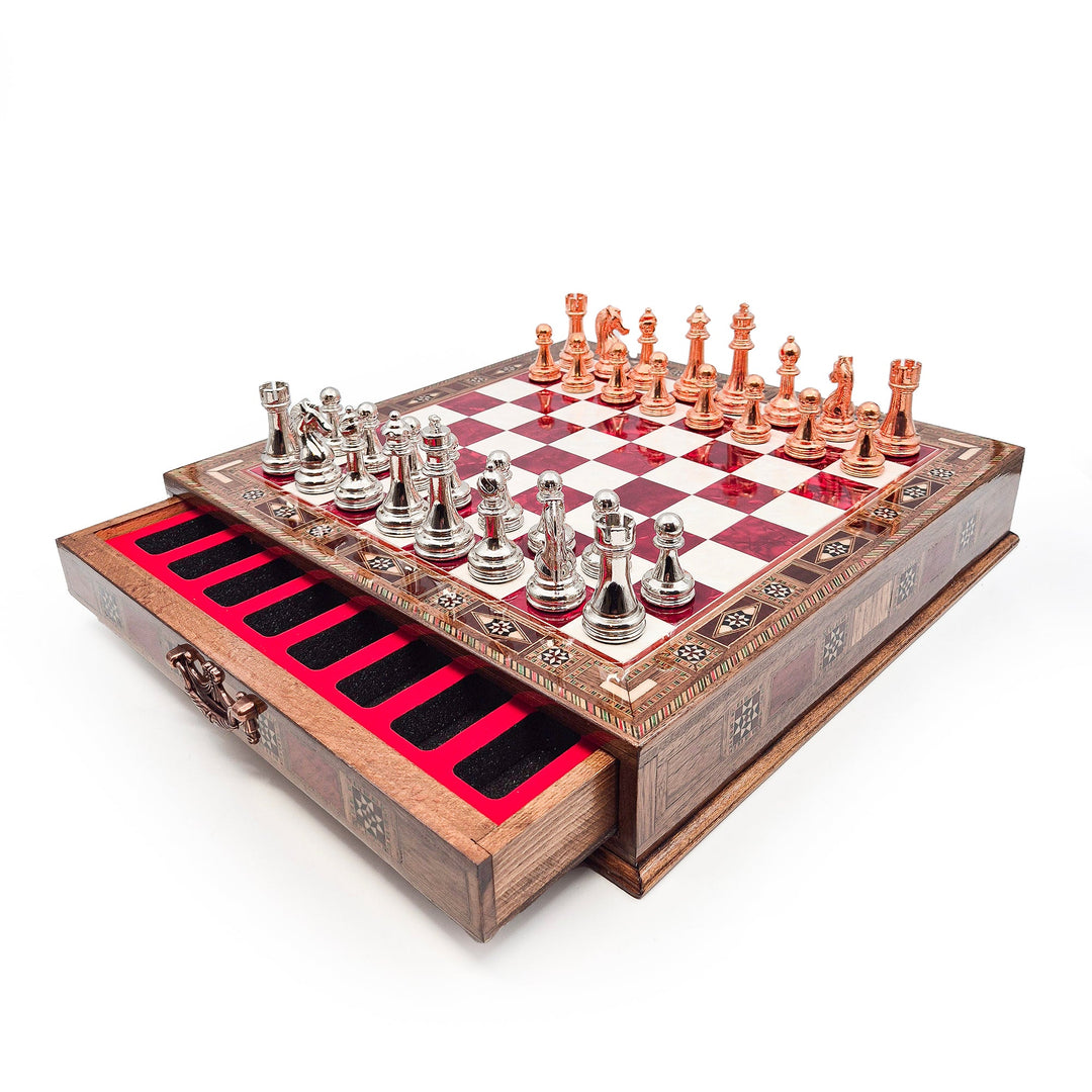 Handmade Luxury Chess Set With Storage - Bronza & Silver - Red Board My Chess Sets