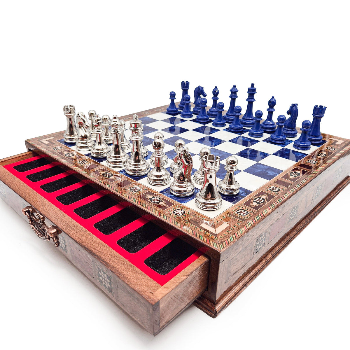 Handmade Luxury Chess Set With Storage - Blue & Silver My Chess Sets
