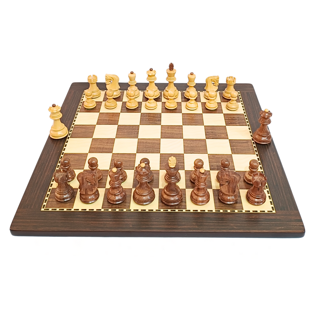 Handcrafted Russian Zagreb wooden chess set with brown and cream pieces on a square MDF board.
