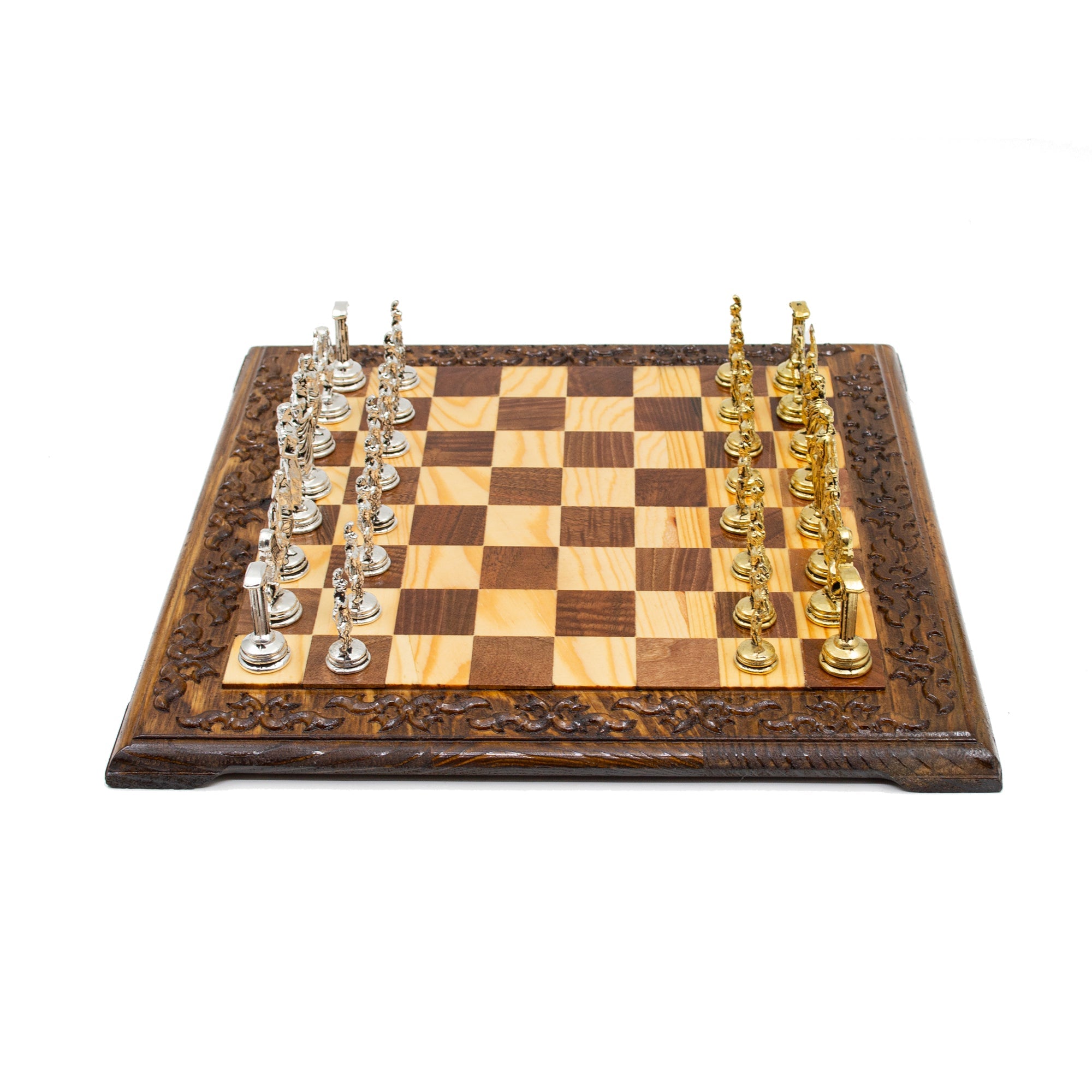 Hand Carved Vintage Walnut Roman Soldiers Army Themed Chess Set
