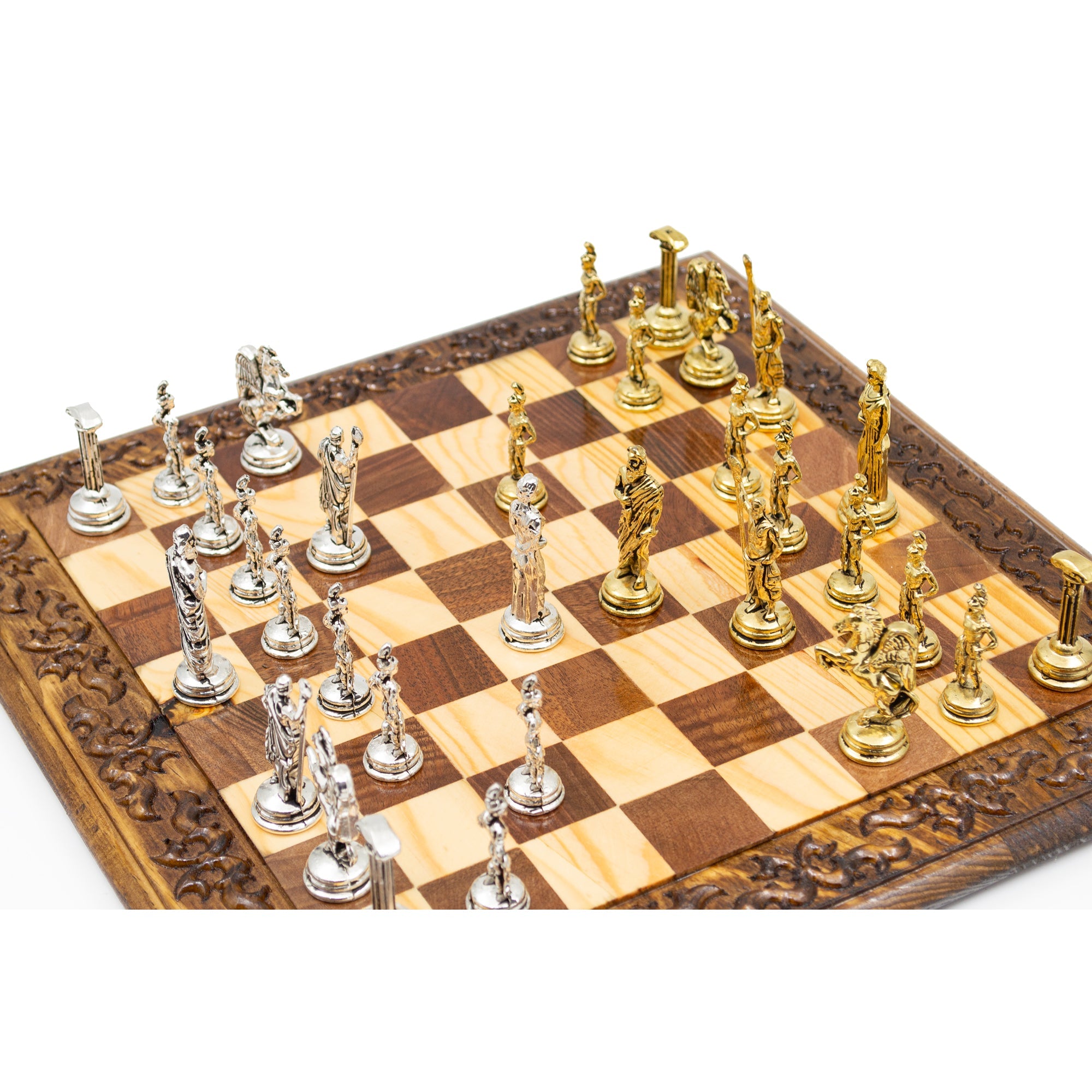 Hand Carved Vintage Walnut Roman Soldiers Army Themed Chess Set