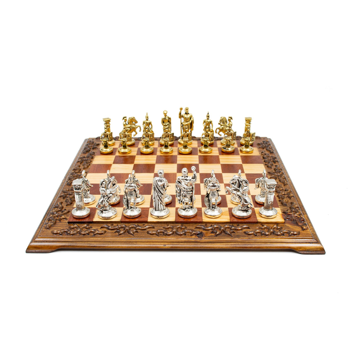 Hand Carved Vintage Walnut Roman Soldiers Army Themed Chess Set