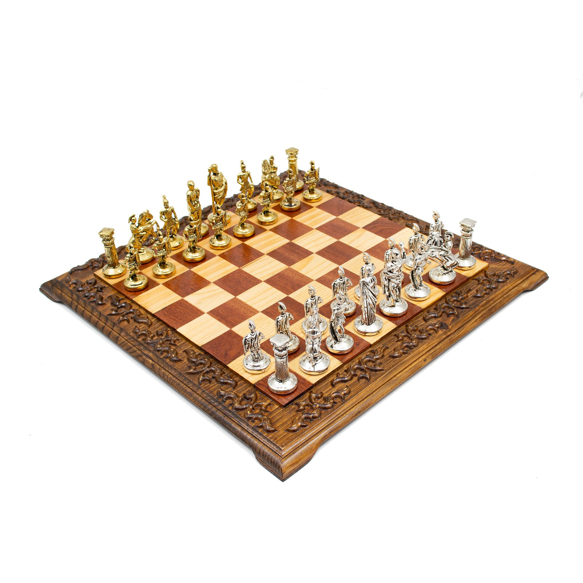 Hand Carved Vintage Walnut Roman Soldiers Army Themed Chess Set