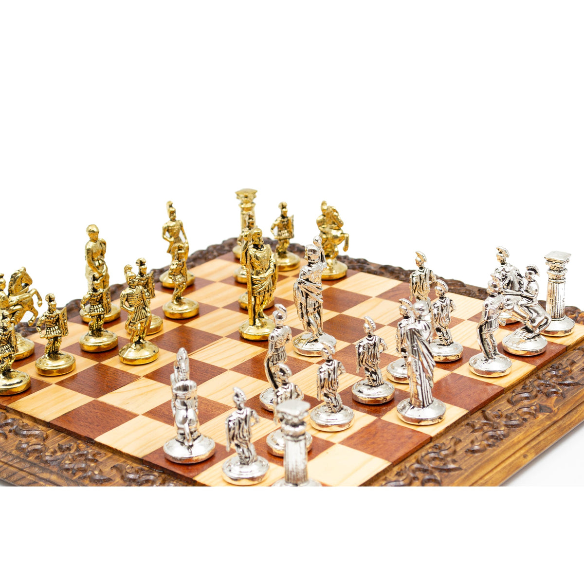 Hand Carved Vintage Walnut Roman Soldiers Army Themed Chess Set