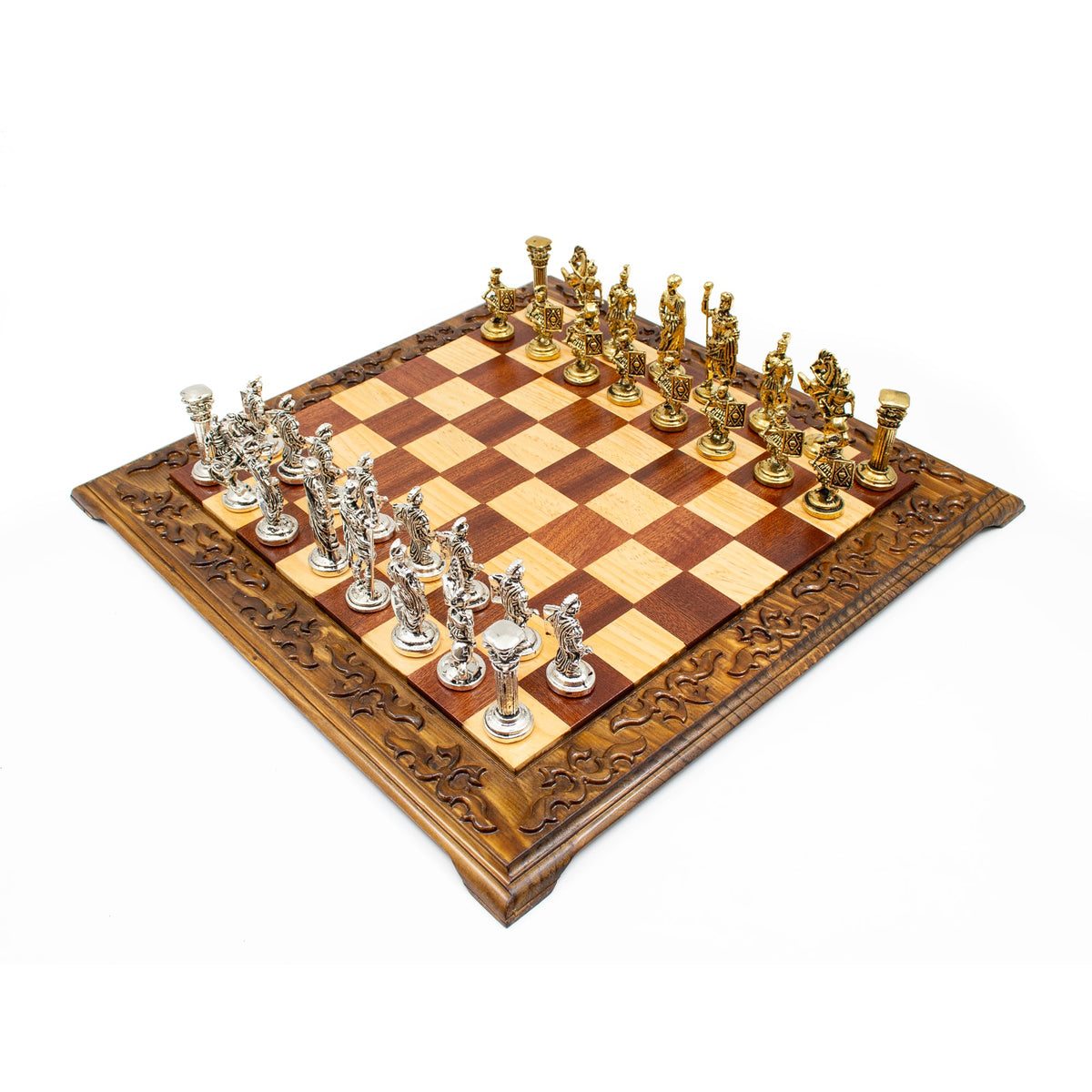 Hand Carved Vintage Walnut Roman Soldiers Army Themed Chess Set