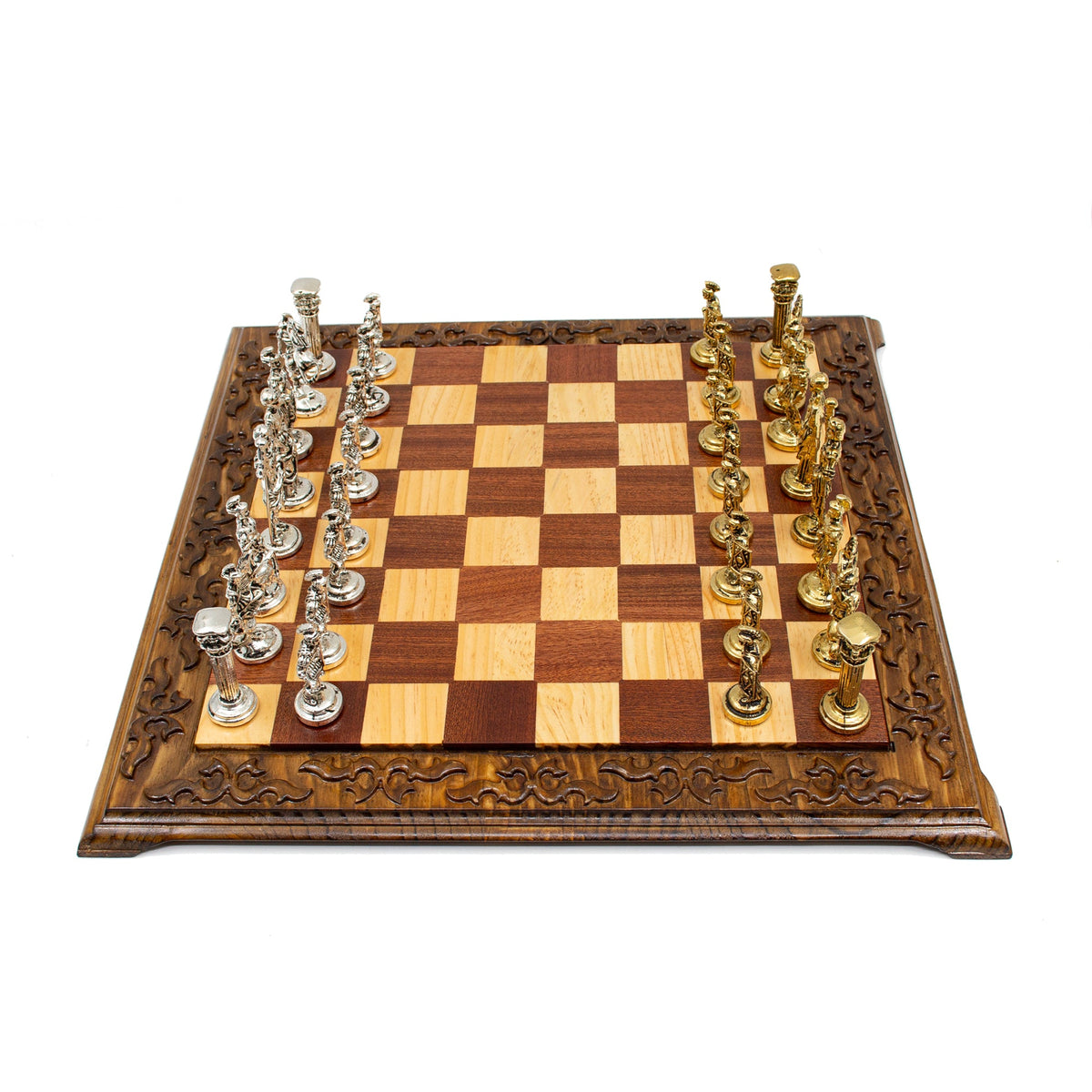 Hand Carved Vintage Walnut Roman Soldiers Army Themed Chess Set