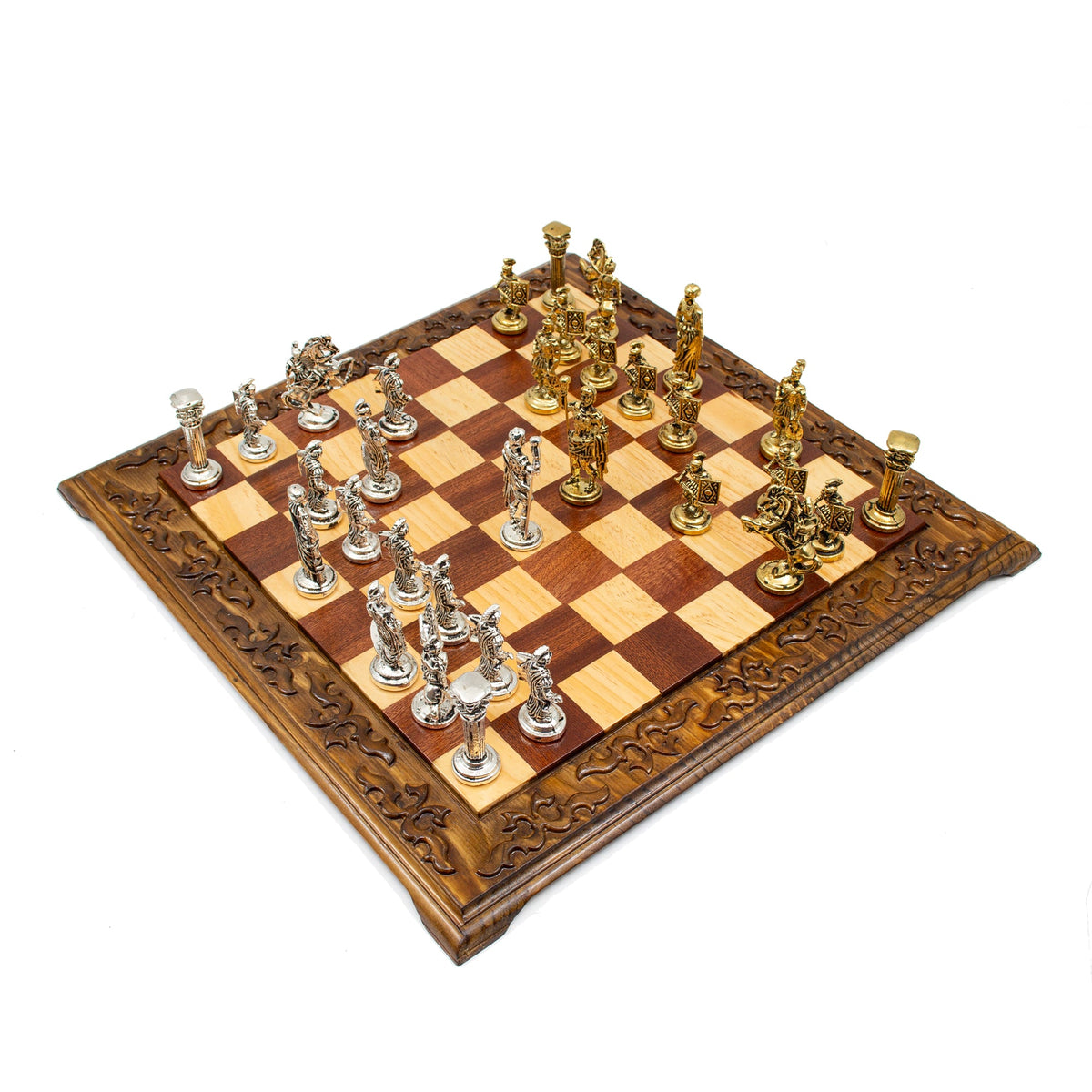 Hand Carved Vintage Walnut Roman Soldiers Army Themed Chess Set