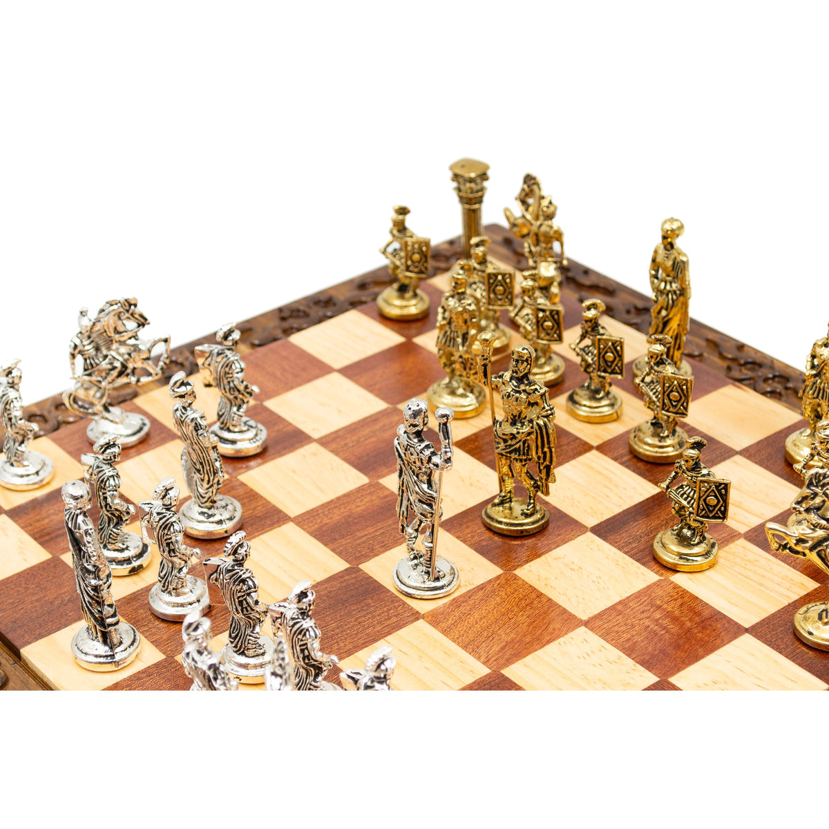 Hand Carved Vintage Walnut Roman Soldiers Army Themed Chess Set