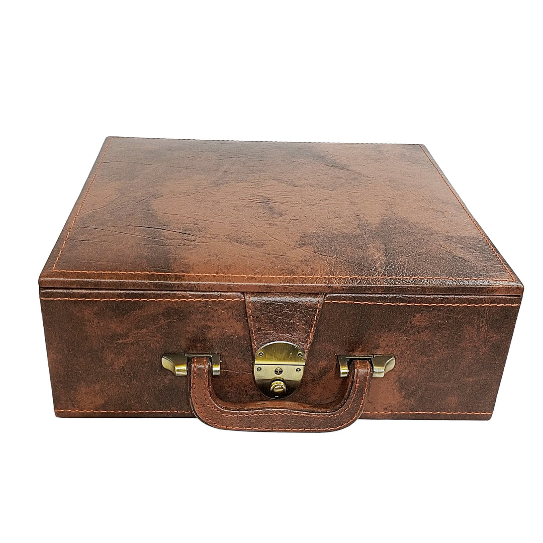 Luxurious handcrafted wooden chess box for storing Staunton chess pieces, featuring a classic brown finish.