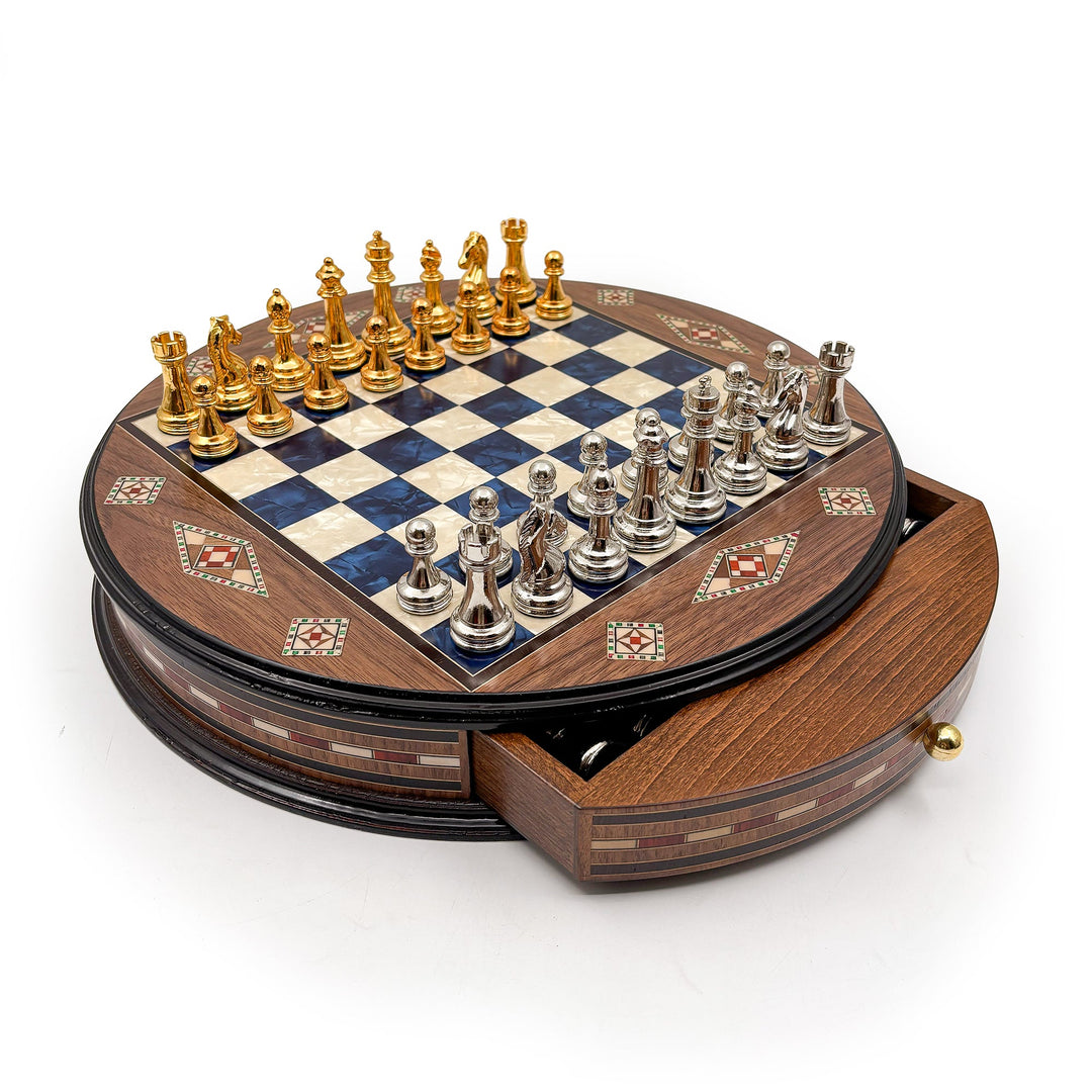 Luxury Round Rosewood & Walnut Chess Set With Metal Pieces My Chess Sets
