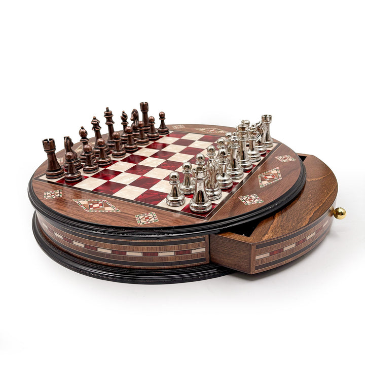 Luxury Round Rosewood & Walnut Chess Set With Metal Pieces My Chess Sets