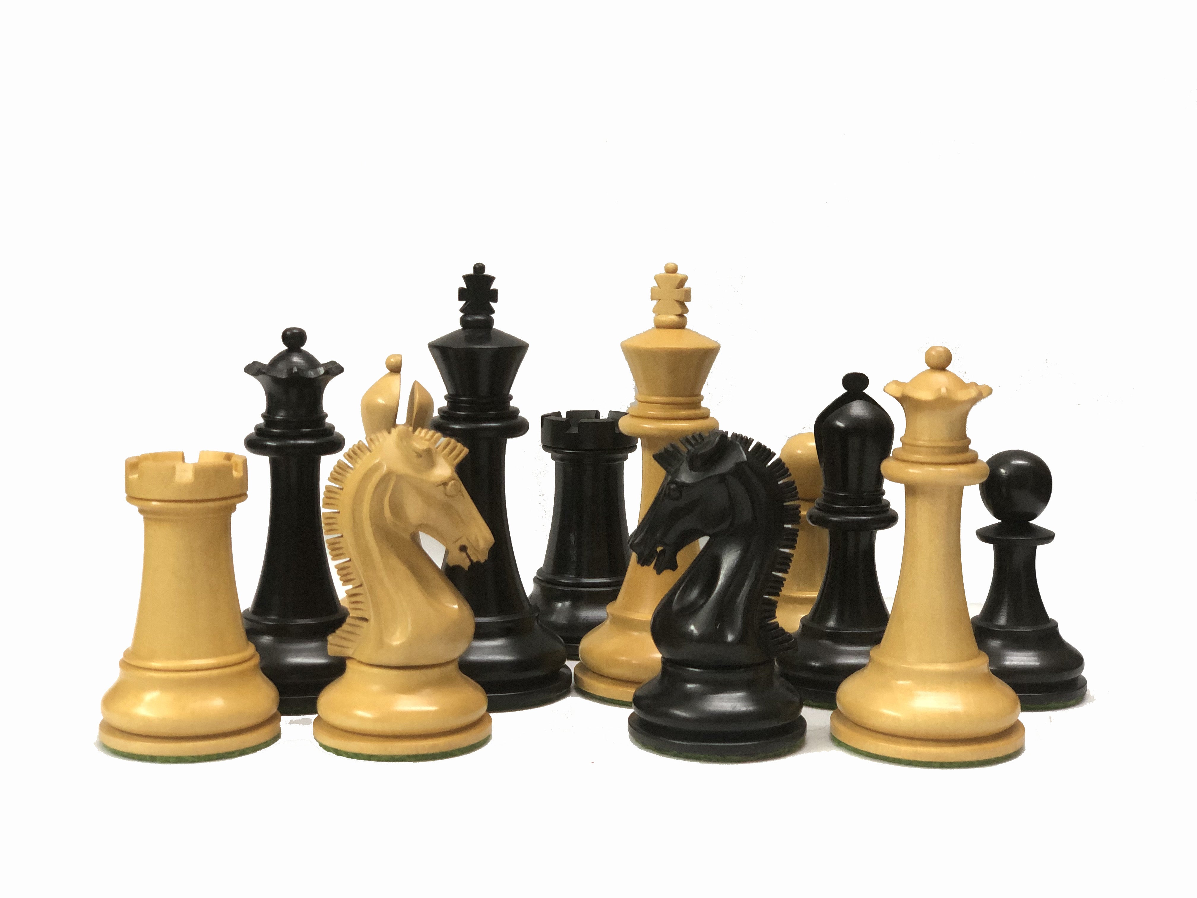 Luxury Sinquefield Cup 2019 chess pieces in ebonized and boxwood finish, showcasing kings, queens, knights, and rooks.