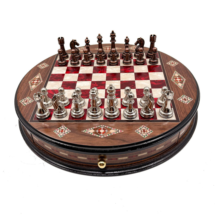 Luxury Round Rosewood & Walnut Chess Set With Metal Pieces My Chess Sets