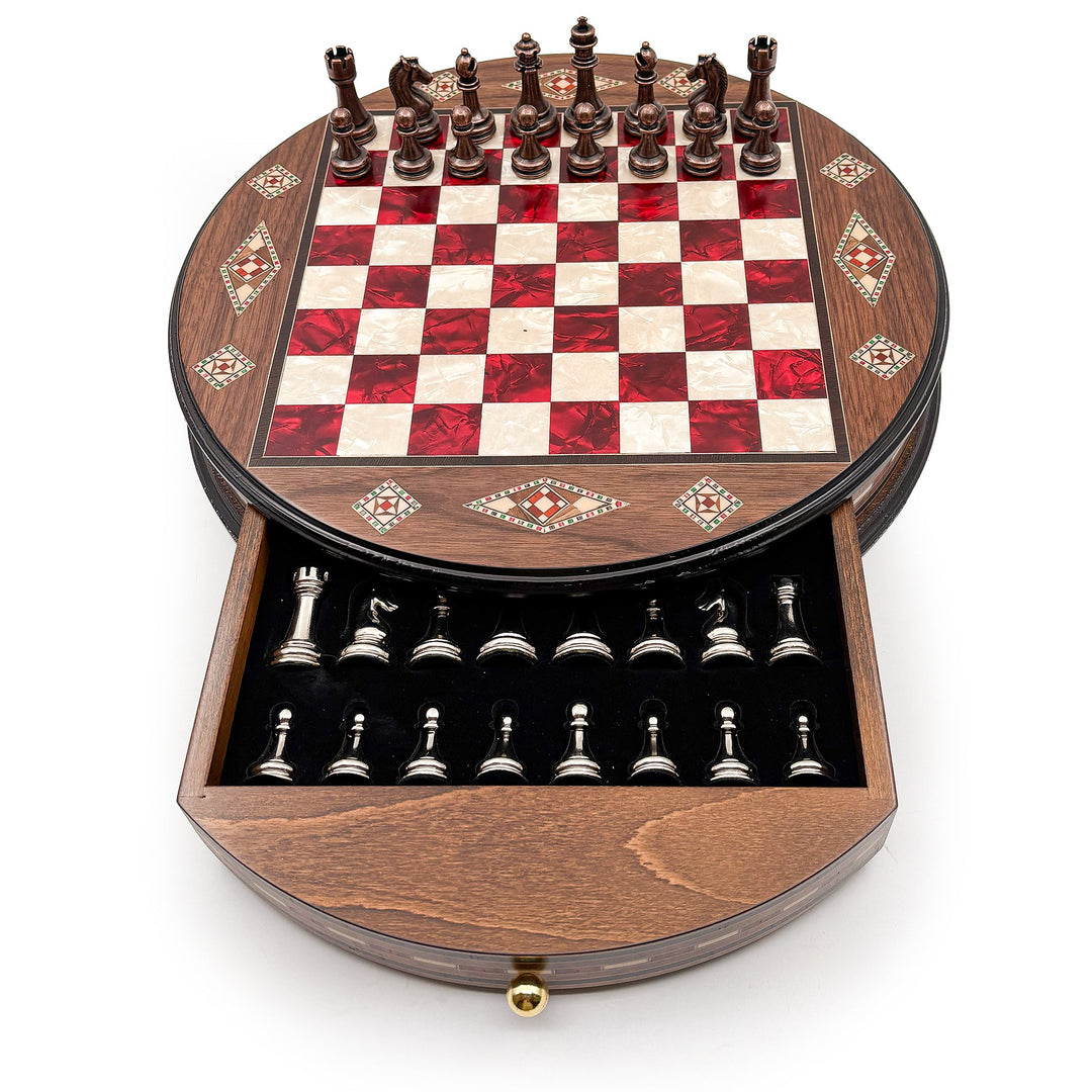 Luxury Round Rosewood & Walnut Chess Set With Metal Pieces My Chess Sets