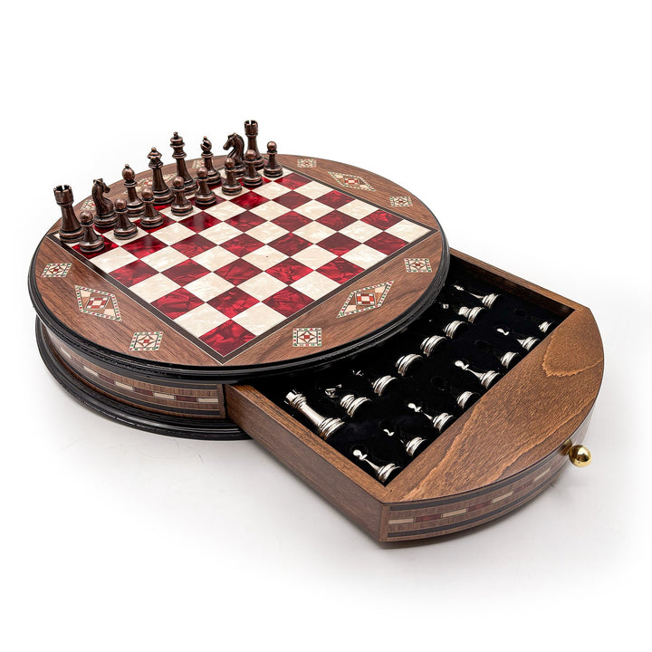Luxury Round Rosewood & Walnut Chess Set With Metal Pieces My Chess Sets