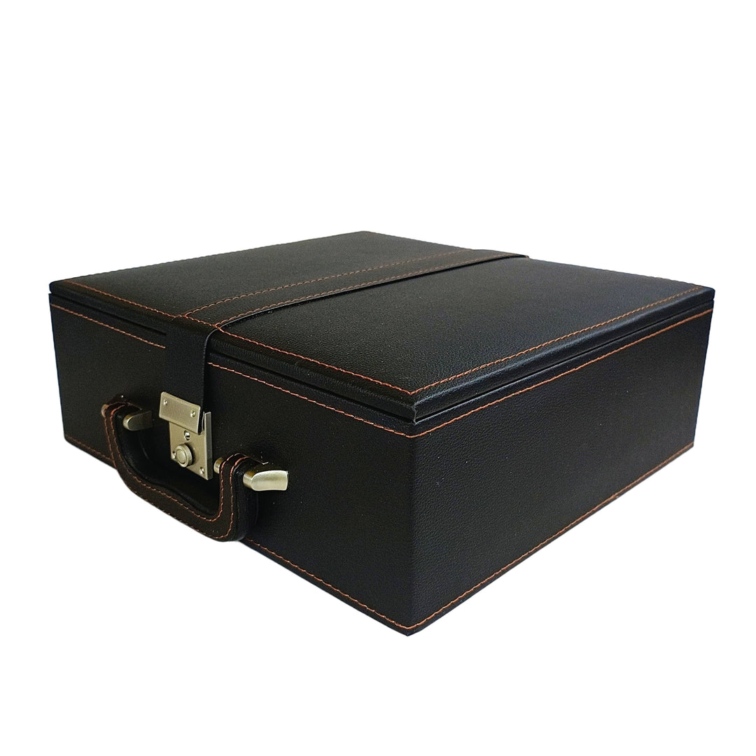 Leatherette chess storage box in black with orange stitching, featuring a sturdy handle and clasp, showcasing dual tray design.