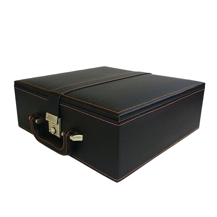 Leatherette chess storage box in black with orange stitching, featuring a sturdy handle and clasp, showcasing dual tray design.